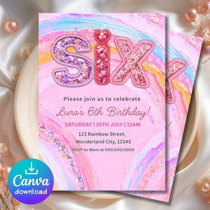 Inbjudan till 6-årsdag med Preppy Patch, rosa Chenille Six-inbjudan, regnbågsglitterfest för tjejer, Y2K-estetik, redigerbar Canvas-mall