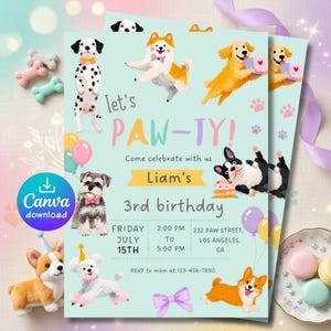 Pode incluir: Um convite de aniversário azul claro com o texto "Let's PAW-TY!" e "3º aniversário de Liam". O convite apresenta ilustrações de várias raças de cães, balões e pegadas. Inclui o ícone de download do Canva.