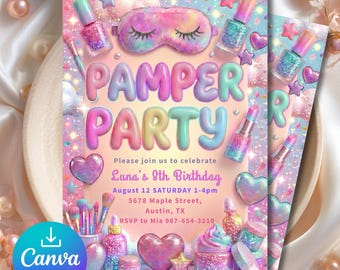 Może przedstawiać: Pastelowe zaproszenie na "Pamper Party" z tekstem i grafiką. Projekt zawiera lakier do paznokci, szminkę, maskę do spania i serca. Zaproszenie jest na 8. urodziny Luny, z datą, godziną i lokalizacją.