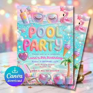 Invitación de cumpleaños para fiesta en la piscina en tonos pastel, invitación para fiesta de verano con purpurina para niñas, plantilla editable holográfica para fiesta infantil en la piscina (descargable)