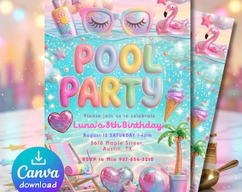 Pastel Pool Party Birthday Invitation, Glitter Summer Swim Party Invite for Girls, Holographic Kids Pool Party Editable Template Download
