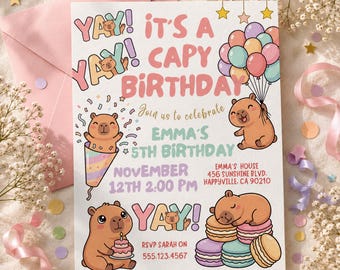 Editable Capybara Birthday Invitation, Cute Kawaii Animal Party Invite, Pastel Capy Birthday Template, Kids Canva Invite, Instant Download