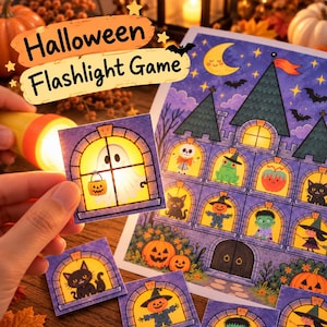 May include: A Halloween Flashlight Game set featuring a large illustrated haunted house card with multiple windows and several smaller square cards. Each square card depicts a character in a window, including a ghost, cat, and pumpkin.