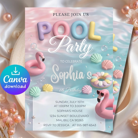 Editable Pool Party Invitation, Girls Summer Birthday Invite, Pastel Flamingo Pool Party, 3D Fun Summer Birthday, Kids Canva Template
