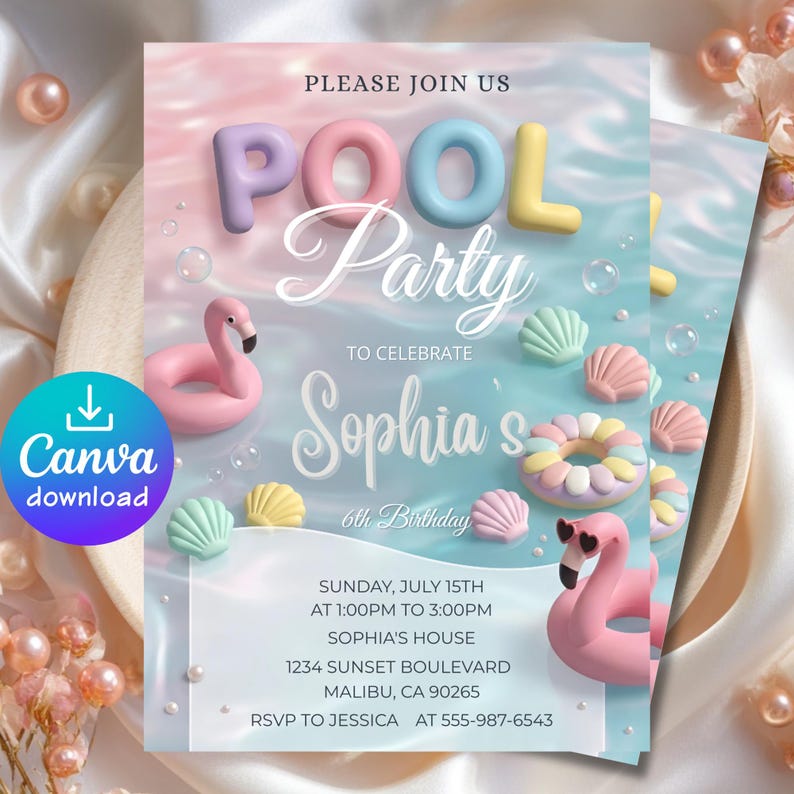 May include: A pool party invitation with a pastel color scheme. The words "POOL Party" are in 3D letters. The invitation includes a flamingo floatie, seashells, and the text "Sophia's 6th Birthday". The Canva download logo is in the corner.