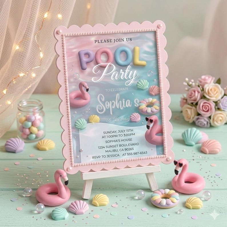 May include: A pink framed invitation for a pool party, featuring the words "Pool Party" in colorful 3D letters. The invitation includes details for Sophia's birthday, with flamingo and seashell decorations. The invitation is displayed on a small white easel.