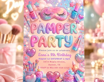 Invitación de cumpleaños para fiesta de mimos, invitación para pijamada de spa para niñas, plantilla editable de Canva, cumpleaños de spa con purpurina pastel, fiesta rosa imprimible
