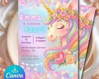 Unicorn Birthday Invitation | Editable Canva Template | Pastel Rainbow Unicorn Party Invite | Girls Birthday Invitation | Instant Download