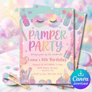 Könnte beinhalten: Eine pastellfarbene Einladung für eine Pamper Party mit Illustrationen von Schlafmaske, Nagellack und Lippenstift. Der Text lautet "Pamper Party" und "Lunas 8. Geburtstag" mit Veranstaltungsdetails. Ein Canva-Download-Button ist unten rechts.