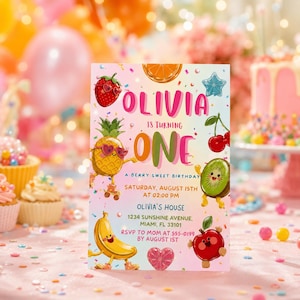Fruit Birthday Invitation, Tutti Frutti 1st Birthday Girl, Berry Sweet Party Invite, Summer Fruit Theme, Editable Template, Movable Graphics