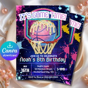 May include: Basketball-themed birthday party invitation with the text "IT'S GAME TIME!" and "Noah's 8th Birthday." The design features a basketball with a dripping frosting effect, a hoop, and a neon color scheme. Includes date, time, and location.