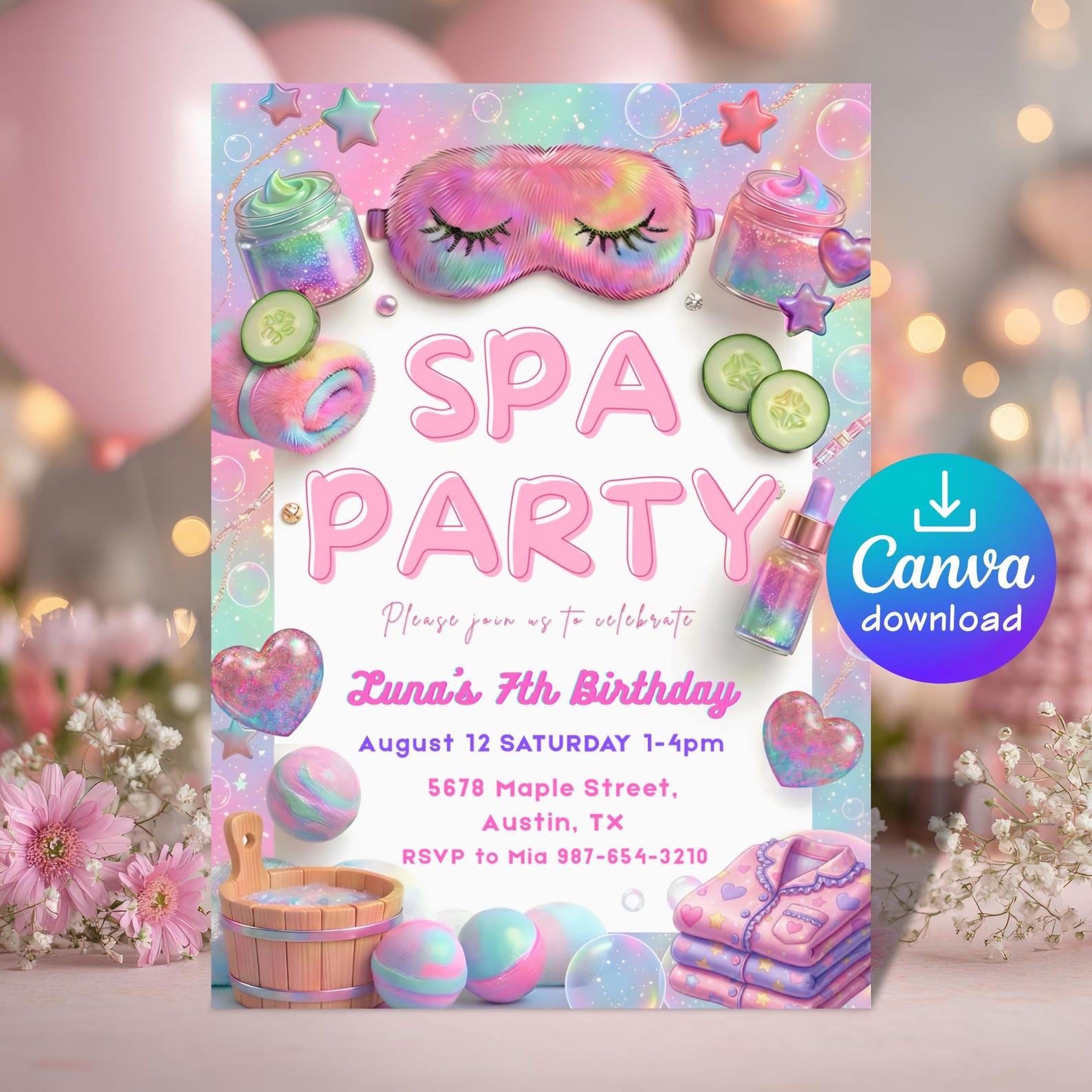Spa Party Birthday Invitation Template | Editable Logo & Text | Pastel ...