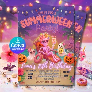 May include: A colourful invitation for a "Summerween" party, with a skeleton on a beach chair, pumpkins, ghosts, and tropical elements. The invitation includes event details and the text "Luna's 10th Birthday".