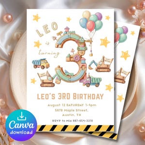 Construction 3rd Birthday Invitation, Watercolor Excavator Party Invite, Pastel Toy Trucks, Boy Third Bday Template, Editable in Canva