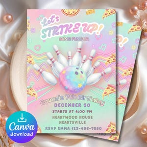 May include: A pastel-colored birthday invitation with a bowling theme. The design features a bowling ball and pins, pizza slices, musical notes, and stars. Text includes "Let's Strike Up!" and details for Emma's 7th birthday.