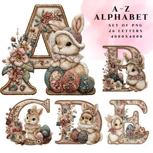 Vintage Embroidered Easter Alphabet PNG Pastel Bunny Monogram Letters Floral Stitch Clipart Printable Spring Alphabet 300dpi Nursery