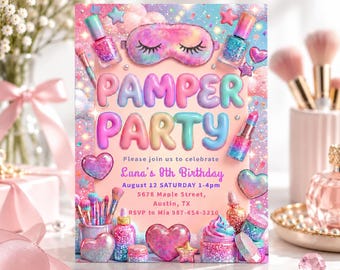 Pamper Party Birthday Invitation, Spa Sleepover Girls Invitation, Editable Canva Template, Pastel Glitter Spa Birthday, Printable Pink Party