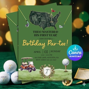 Puede incluir: Invitación de cumpleaños con temática de golf, verde, con el texto "THEO MASTERED HIS FIRST YEAR!" y "Birthday Par-tee!". El diseño incluye un carrito de golf, pelotas de golf y un mapa de los Estados Unidos. La invitación es para el 2 de abril.