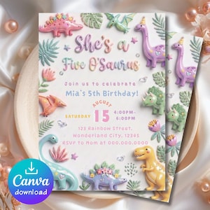 Inbjudan till 5-årsdag för flickans dinosaurie, inbjudan till pastellfärgad dinosauriefest, redigerbar mall för rosa dinosaurie, 5-årig flicka