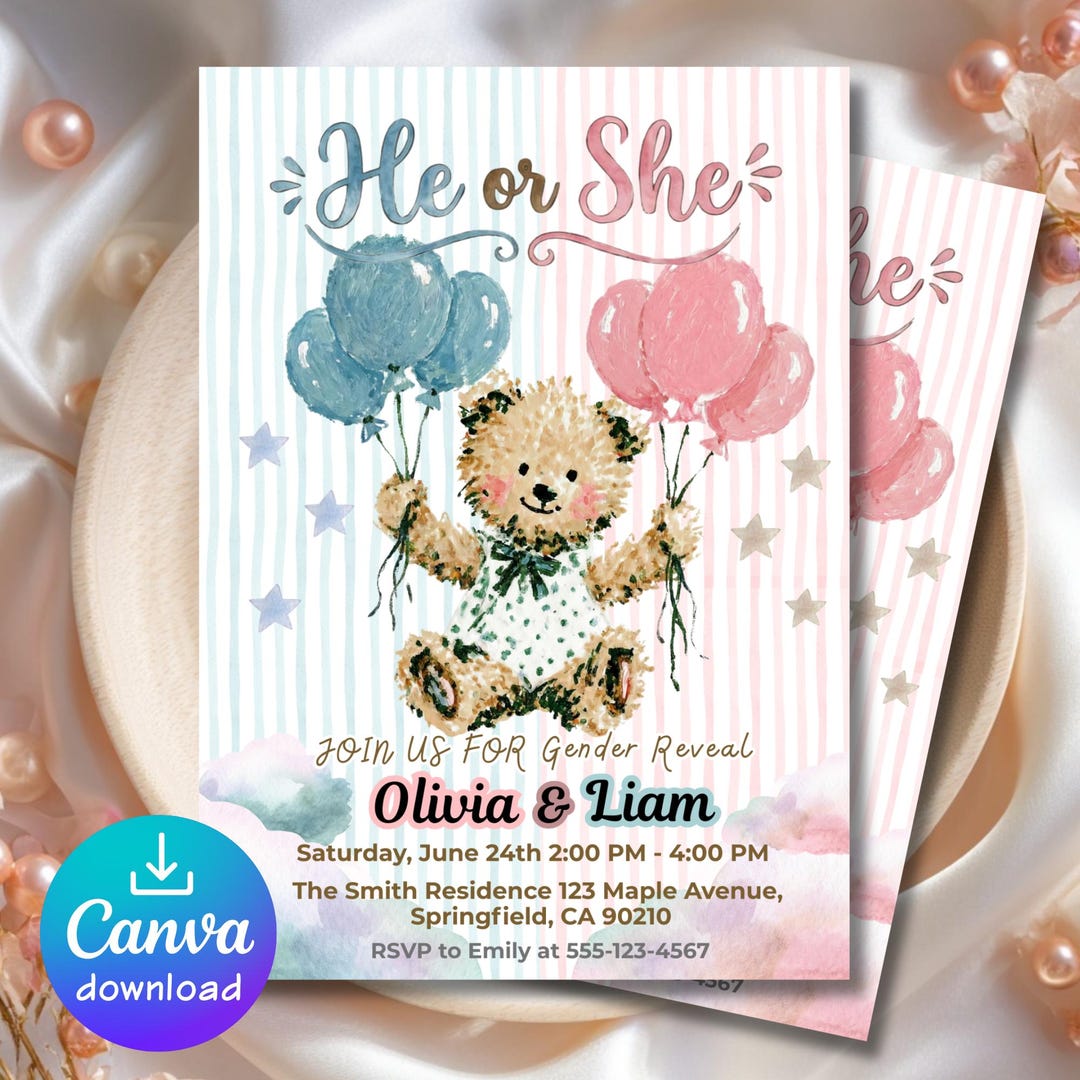 Bear Gender Reveal Invitation, He or She Invite, Watercolor Teddy Bear ...