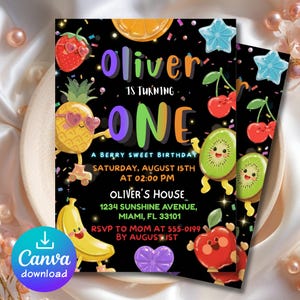 May include: A black birthday invitation with the text "Oliver is turning ONE" in colorful letters. The invitation features cartoon fruit characters, including a strawberry, pineapple, kiwi, and apple. The invitation includes the date, time, and location.