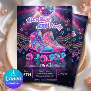 Roller Skate Disco Birthday Invitation, Neon Retro Party, Editable Canva Template, Girls Disco Birthday Invite, Rainbow Glow Roller Party