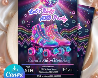 Roller Skate Disco Birthday Invitation, Neon Retro Party, Editable Canva Template, Girls Disco Birthday Invite, Rainbow Glow Roller Party
