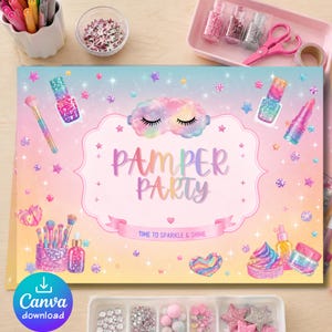 以下が含まれることがあります： ピンク、黄色、青のグラデーションの背景に、「Pamper Party」をテーマにしたカラフルなデザイン。メイク、マニキュア、スリープマスクのイラストが含まれています。「Time to Sparkle & Shine」のテキストも含まれています。