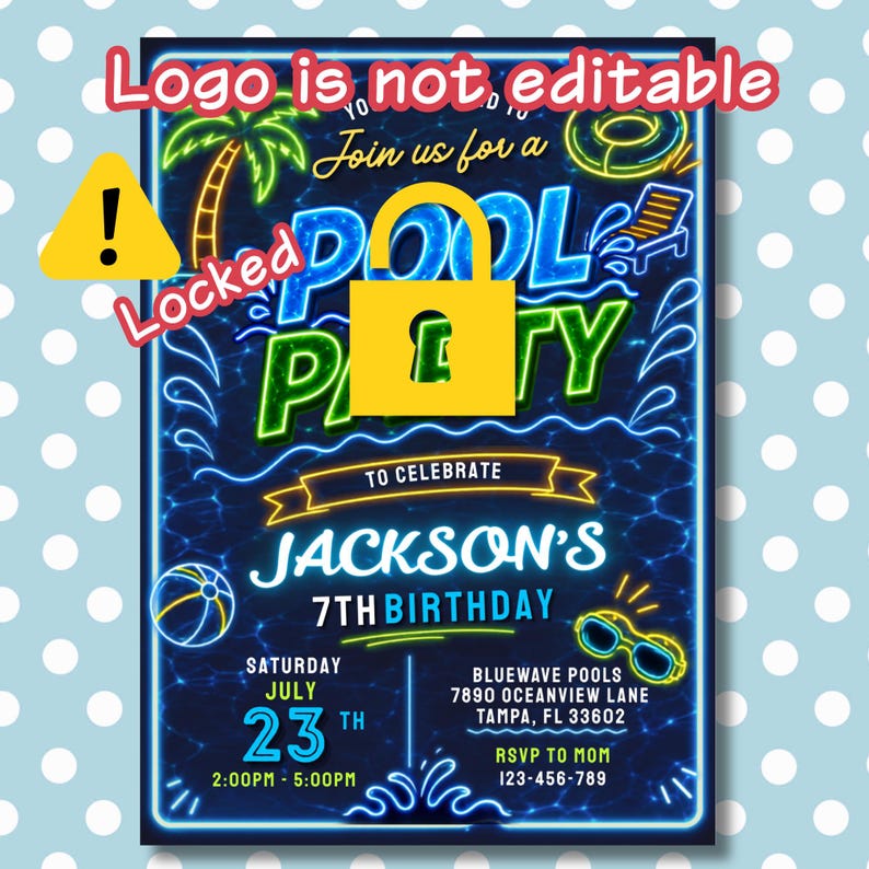 May include: A neon blue pool party invitation with a locked logo. The invitation features a palm tree, pool float, and sunglasses. It announces Jackson's 7th birthday on July 23rd.