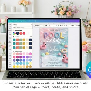 May include: Laptop screen displaying a pool party invitation template with flamingo and seashell graphics. The invitation reads "POOL Party" and "Sophia's". The Canva download button is visible. Text on the screen says "Editable in Canva".