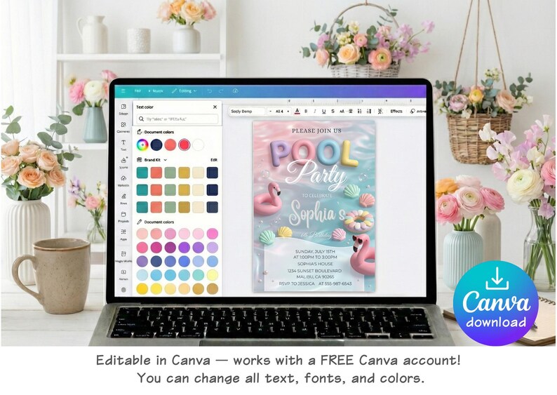 May include: Laptop screen displaying a pool party invitation template with flamingo and seashell graphics. The invitation reads "POOL Party" and "Sophia's". The Canva download button is visible. Text on the screen says "Editable in Canva".