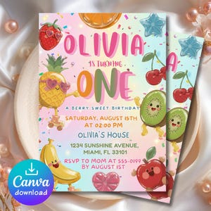 May include: A colorful birthday invitation with the name "OLIVIA" and the text "1 is turning ONE". The invitation features illustrations of fruits like strawberries, pineapples, kiwis, cherries, and apples. The invitation includes the date, time, and location of the party.