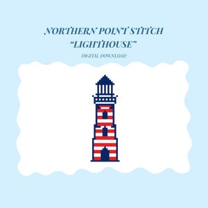 以下が含まれることがあります： 赤、白、青のピクセル化された灯台のデジタルダウンロードグラフィック。灯台のデザインは、水色のボーダーが付いた白い背景の中央に配置されています。上部のテキストは「NORTHERN POINT STITCH 'LIGHTHOUSE' DIGITAL DOWNLOAD」と表示されています。