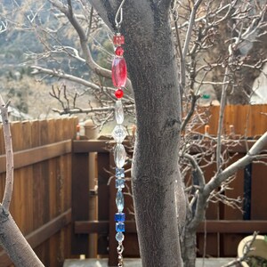 Handcrafted Beaded Plant Hanger | Garden Decor, Bird Feeder Hanger H - Red, White, Blue