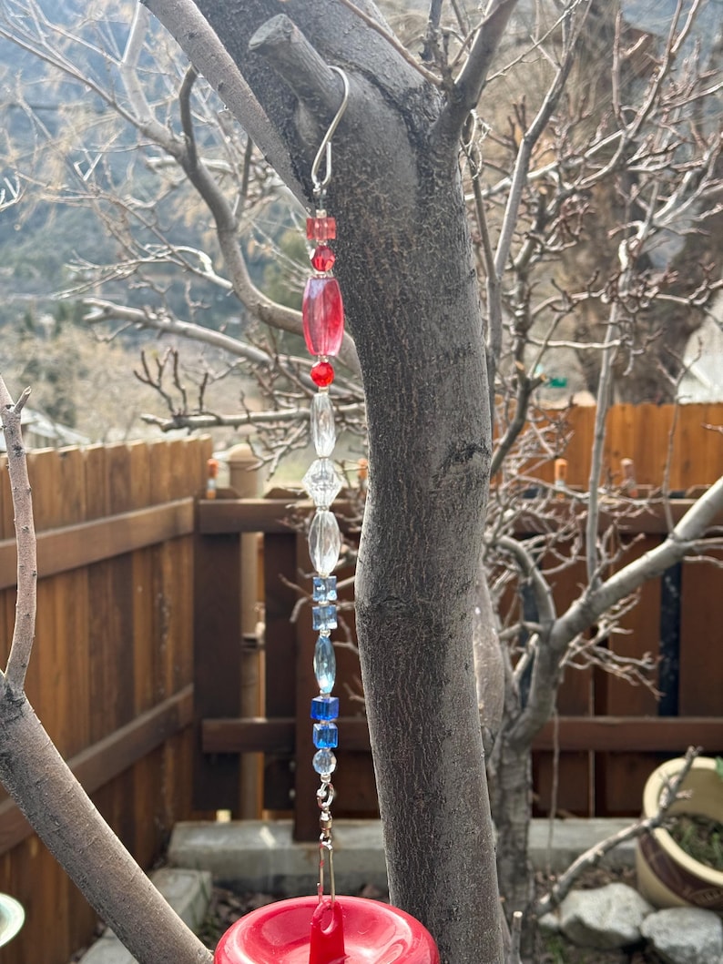 Handcrafted Beaded Plant Hanger | Garden Decor, Bird Feeder Hanger H - Red, White, Blue