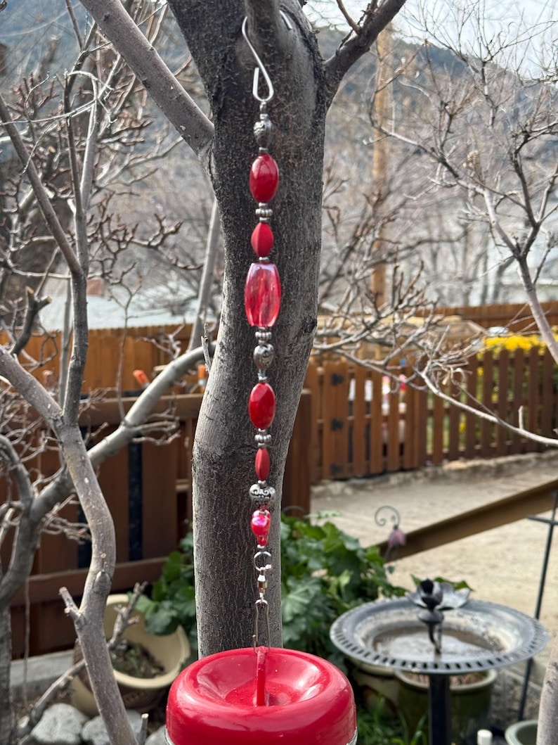 Handcrafted Beaded Plant Hanger | Garden Decor, Bird Feeder Hanger A - Ruby Red