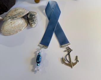 Ocean Blue Velvet Bookmark: Anchor Charm, Nautical Book Lover Gift