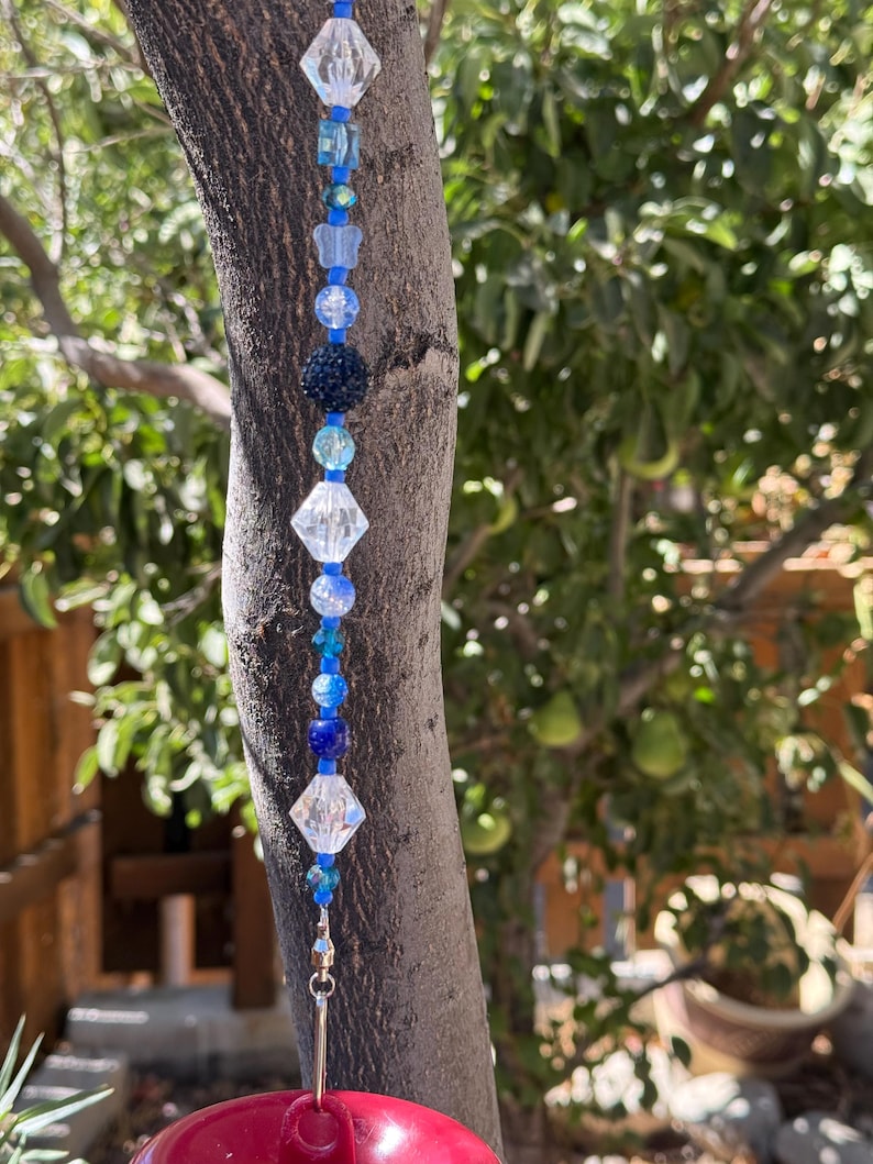 Handcrafted Beaded Plant Hanger | Garden Decor, Bird Feeder Hanger E - Crystal Blue