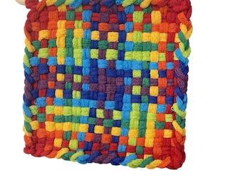 6”  Cotton Potholder – Rustic Kitchen Décor – Artisan Hot Pad – Hearth & Loom - Bright Rainbow