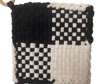 6”  Cotton Potholder – Rustic Kitchen Décor – Artisan Hot Pad – Hearth & Loom - Black and White - Chess Board