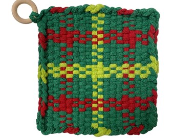 6”  Cotton Potholder – Rustic Kitchen Décor – Artisan Hot Pad – Hearth & Loom - Christmas Colors