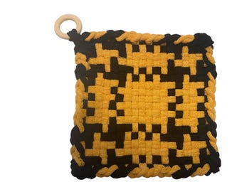 6” Handwoven Cotton Potholder Rustic Black & Gold Kitchen Decor