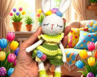 8,5-Zoll-handgefertigte Häkelpuppe, Amigurumi-Kaninchen-Plüsch, einzigartiges Sammlerstück, Blumenhasenspielzeug