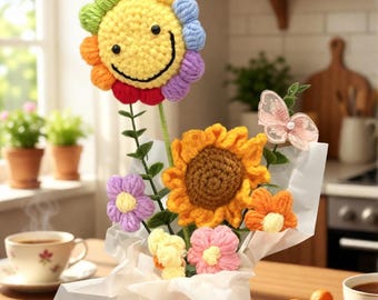 Handgemachter gehäkelter Blumentopf mit Smiley Gesicht & Sonnenblume - süsses gestricktes Blumengeschenk, Zuhause