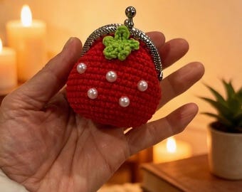 Crocheted Strawberry Coin Purse, Pearl Accents, Kiss Lock Wallet Pouch