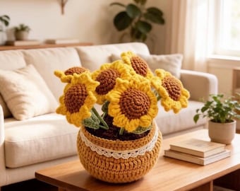 Handmade Crochet Sunflower Pot – Amigurumi Flower Decor, Desk Plant