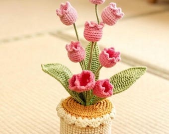 Handgemaakte gehaakte lelietje-van-dalen bloempot – gebreide plant amigurumi, schattig miniboeket, bureaudecor, cadeau voor haar, huisdecoratie