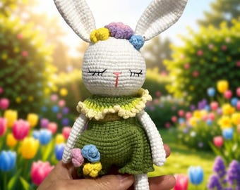 8,5-Zoll-handgefertigte Häkelpuppe, Amigurumi-Kaninchen-Plüsch, einzigartiges florales Sammlerstück, handwerkliches Spielzeug