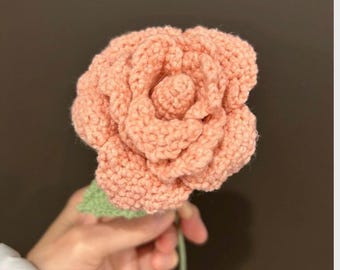 Handgemachte häkeln Orange Pink Rose Blume, Amigurumi Rose Stem, weiches Garn Blumengeschenk