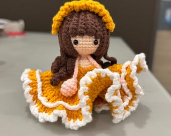 Handmade Crochet Girl Doll, Yellow Ruffle Dress, Collectible Plush